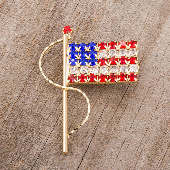 Gold Tone USA Flag Brooch With Crystals