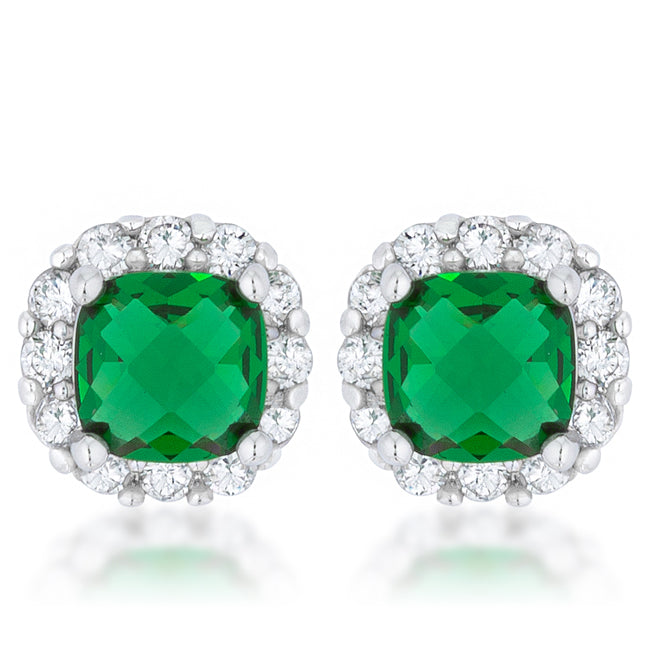 Liz 2ct Emerald CZ White Gold Rhodium Classic Cushion Stud Earrings