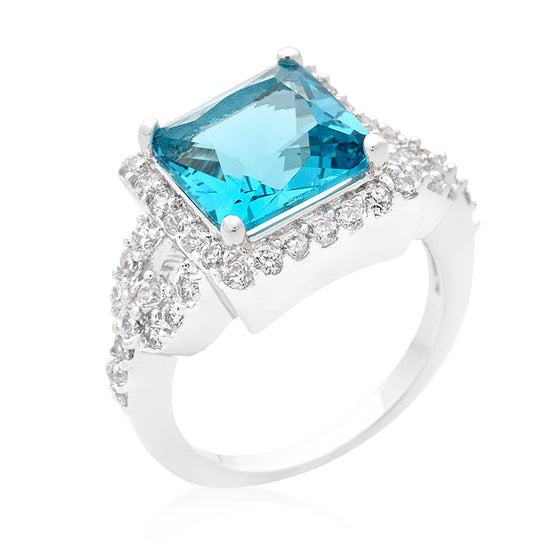 Halo Style Princess Cut Aqua Blue Cocktail Ring