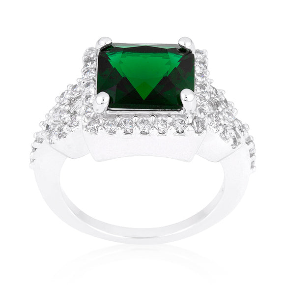Halo Style Princess Cut Emerald Green Cocktail Ring