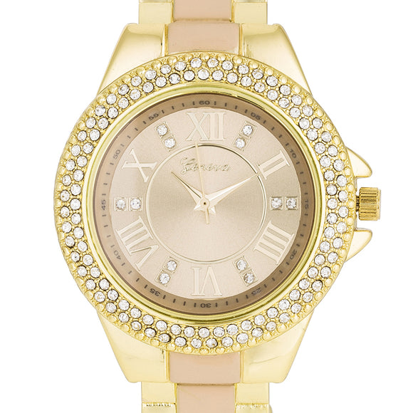 Gold Metal Cuff Watch With Crystals - Beige