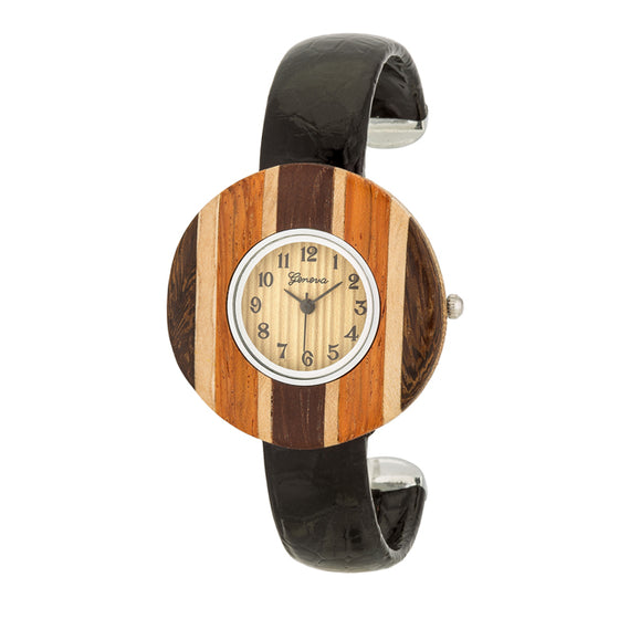 Brenna Black Wood Inspired Leather Cuff Watch